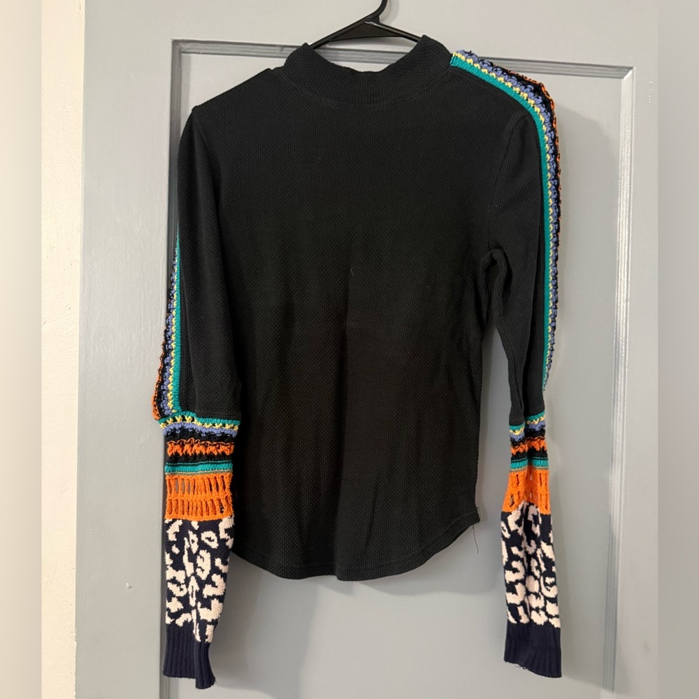 Free People Black Top with Colorful Knit Sleeves